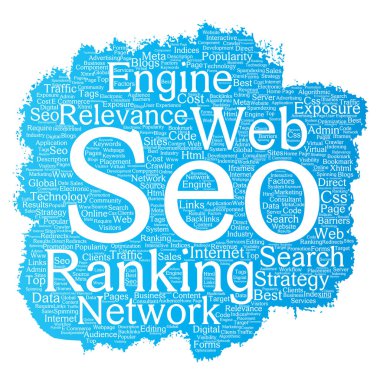 Kavramsal arama sonuçları üzerinde arka izole optimizasyonu üst rütbe, seo fırça veya boya online internet kelime bulut metin motoru. Pazarlama stratejisi web sayfası içerik alaka ağ kavramı