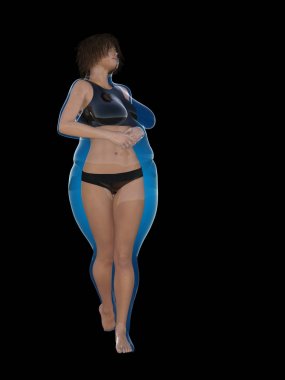 Kavramsal şişman kilolu obez kadın vs fit sağlıklı vücut Kilo kaybını takiben ince ya da diyet izole kas ince olan kadın. Fitness, beslenme veya şişmanlık obezite sağlık şekil 3d çizim