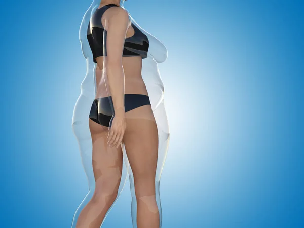 Концептуальний жир надмірної ваги жіночої статі проти тонкої пристосованості здорового тіла після втрати ваги або дієти з м'язами тонкої молодої жінки на синьому. Фітнес, харчування або ожиріння ожиріння, форма здоров'я 3D ілюстрація — стокове фото