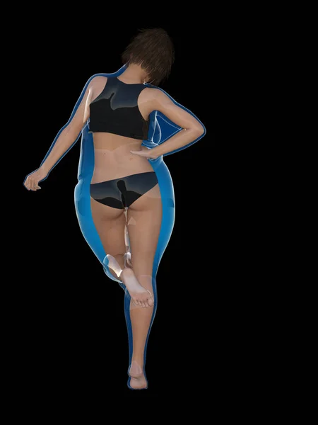 Εννοιολογική λίπος υπέρβαροι παχύσαρκα θηλυκό vs slim fit υγιές σώμα μετά από απώλεια βάρους ή δίαιτα με λεπτή νεαρή γυναίκα μύες στο μπλε. Ένα γυμναστήριο, διατροφή ή fatness παχυσαρκία, υγεία σχήμα 3d απεικόνιση — Φωτογραφία Αρχείου