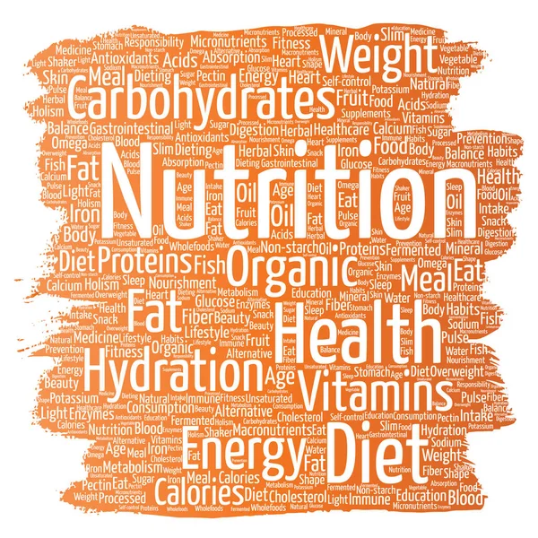 概念的な栄養健康ダイエット ペイント ブラシ単語雲孤立した背景です。炭水化物、ビタミン、脂肪、重量、エネルギー、酸化防止剤美容ミネラル、タンパク質医学概念のコラージュ — ストック写真
