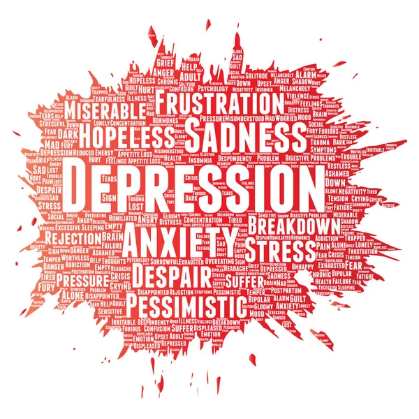 Vector conceptual depression or mental emotional disorder problem paint brush word cloud isolated background. Collage of anxiety sadness, negative sad, despair, unhappy, frustration symptom — Stock Vector