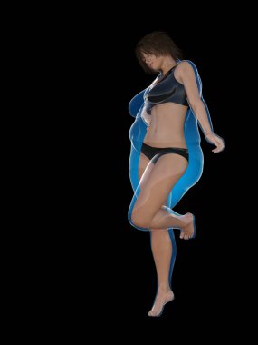 Kavramsal şişman kilolu obez kadın vs fit sağlıklı vücut Kilo kaybını takiben ince ya da diyet izole kas ince olan kadın. Fitness, beslenme veya şişmanlık obezite sağlık şekil 3d çizim