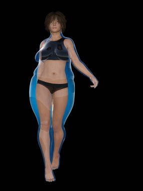 Kavramsal şişman kilolu obez kadın vs fit sağlıklı vücut Kilo kaybını takiben ince ya da diyet izole kas ince olan kadın. Fitness, beslenme veya şişmanlık obezite sağlık şekil 3d çizim