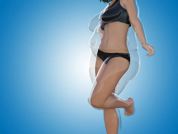 Gordura conceitual obeso obeso fêmea vs magro ajuste corpo saudável após a perda de peso ou dieta com músculos magro jovem mulher em azul. Uma aptidão, nutrição ou gordura obesidade, forma de saúde ilustração 3D — Fotografia de Stock