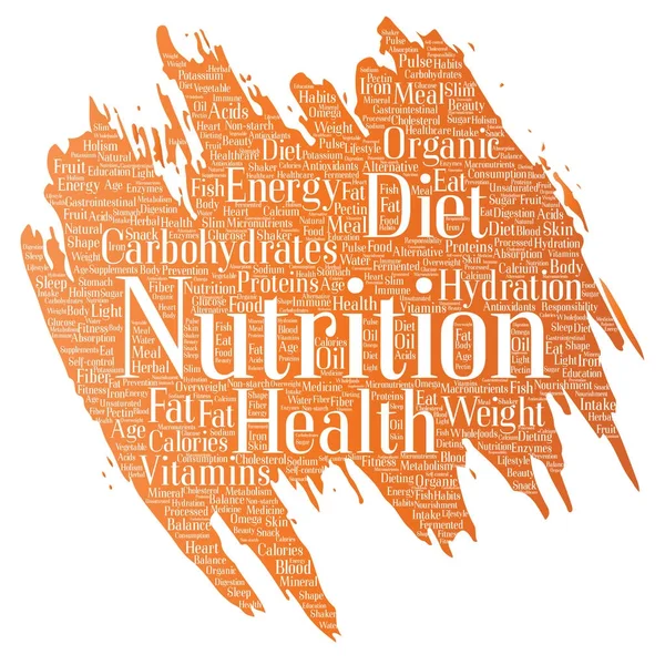 Conceptual nutrition health diet paint brush word cloud isolated background. Collage of carbohydrates, vitamins, fat, weight, energy, antioxidants beauty mineral, protein medicine concept — Stock Photo, Image