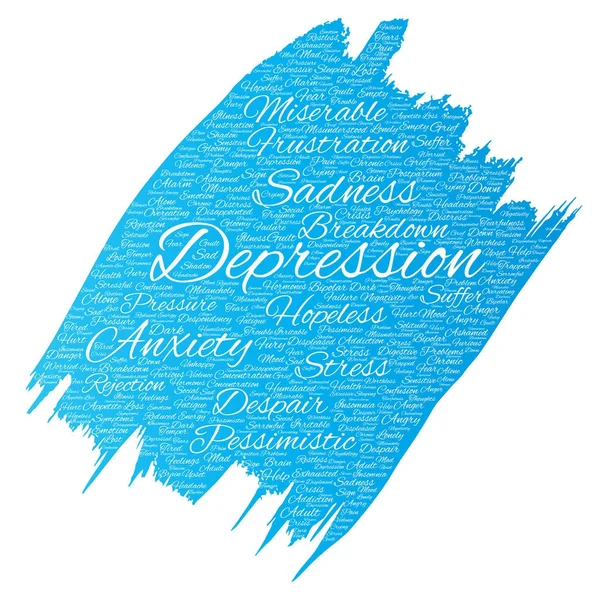 Konceptuella depression eller mental Emotionell störning problem paint brush word cloud isolerade bakgrund. Collage av ångest nedstämdhet, negativ sorgligt, förtvivlan, olycklig, frustration symptom — Stockfoto