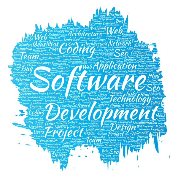 技術ペイント ブラシの単語の雲をコーディング概念のソフトウェア開発プロジェクトは、背景を分離しました。アプリケーションの web デザイン、seo のアイデア、実装、テスト アップグレード概念のコラージュ — ストック写真