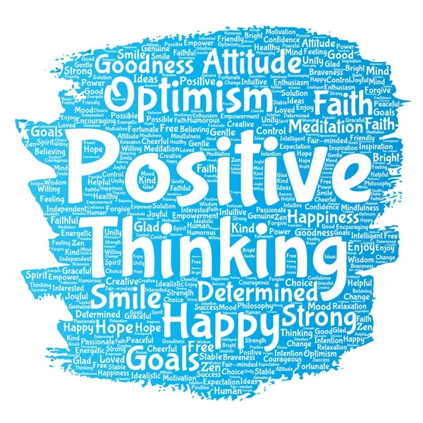 Konceptuella positivt tänkande, glad stark attityd paint brush word cloud isolerad på bakgrunden. Collage av optimism leende, tro, modiga mål, godhet eller lycka inspiration — Stockfoto