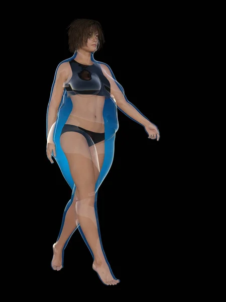Концептуальний жир надмірної ваги жіночої статі проти тонкої пристосованості здорового тіла після втрати ваги або дієти з м'язами тонкої молодої жінки ізольовані. Фітнес, харчування або ожиріння ожиріння, форма здоров'я 3D ілюстрація — стокове фото