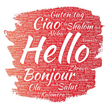 Kavram ya da kavramsal fırça veya boya Merhaba ya da uluslararası turizm kelime bulutu farklı dillerde veya çok dilli tebrik vektör. Dünya, yabancı, dünya çapında seyahat, kolaj çevirmek, tatil