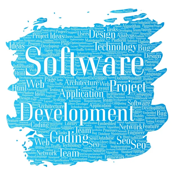 벡터 개념 소프트웨어 개발 프로젝트 코딩 기술 페인트 브러시 단어 구름 고립 배경. 응용 프로그램 웹 디자인, 검색 엔진 최적화 아이디어, 구현, 테스트 업그레이드 개념의 합성 — 스톡 벡터