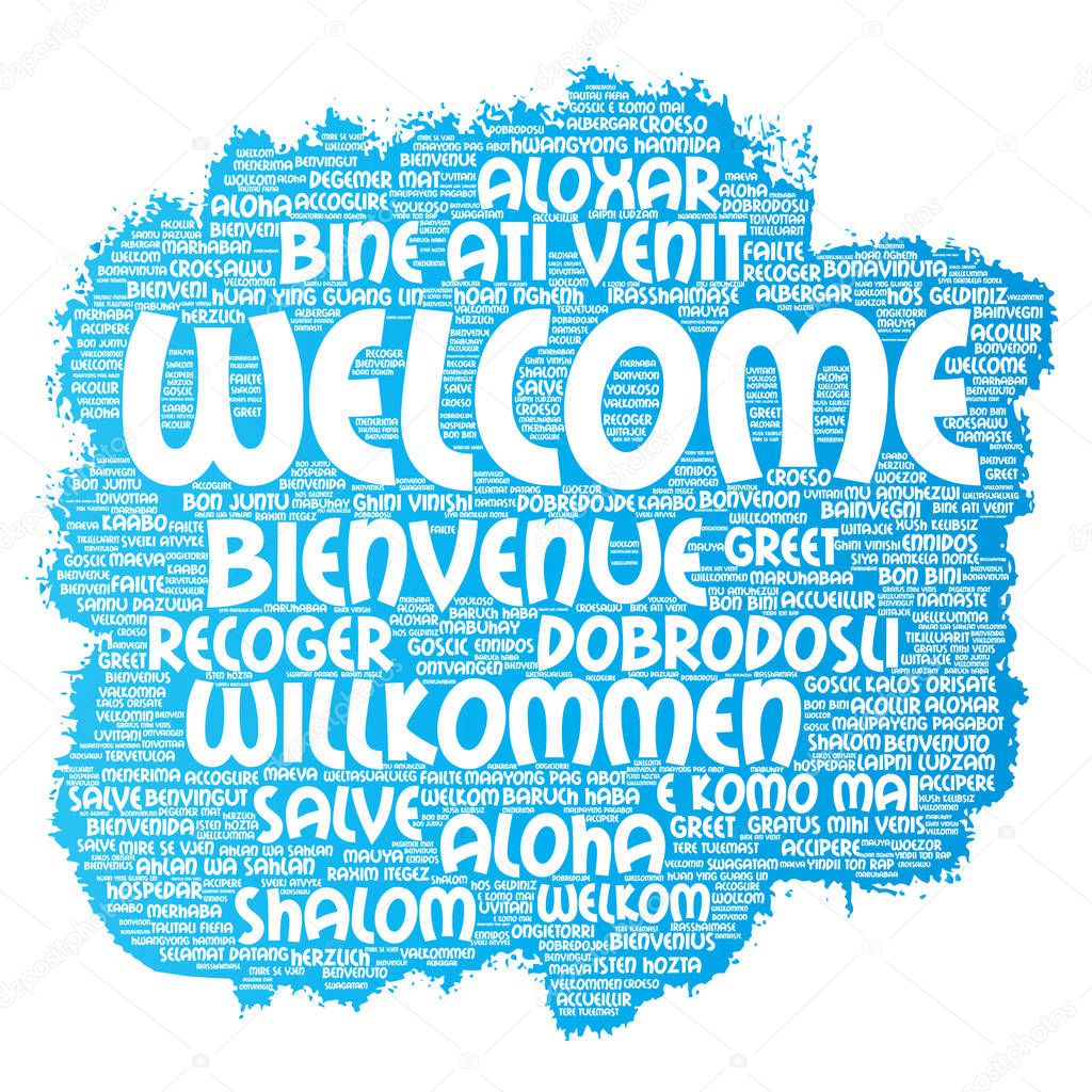 Vector conceptual abstract welcome or greeting international brush or paint word cloud in different languages or multilingual. Collage of world, foreign, worldwide travel, translate, vacation tourism