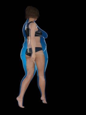 Kavramsal şişman kilolu obez erkek slim fit sağlıklı vücut kilo kaybı veya diyet kasları ince genç kadınla sonra ile 