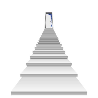 Kavram ya da kavramsal 3d merdiven, cennet veya din, iş, yol, mavi gökyüzü, beyaz arka plan üzerinde izole başarı için açılan bir kapı girişi, özgürlük, fırsat, ilerleme veya hedef