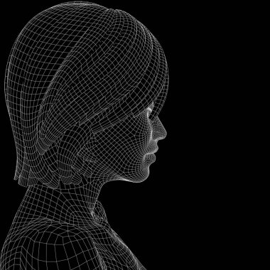 genç insan yüzü koyu arka plan üzerinde kavramsal 3d tel kafes 