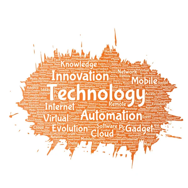 Conceptual digital smart technology, innovation media paint brush word cloud isolated background. Collage of information, internet, future development, research, evolution or intelligence