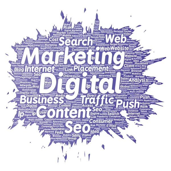 Concetto o concettuale di marketing digitale seo traffico vernice pennello parola nube isolato sfondo. Collage di business, contenuti di mercato, ricerca, posizionamento web push o tecnologia di comunicazione — Foto Stock