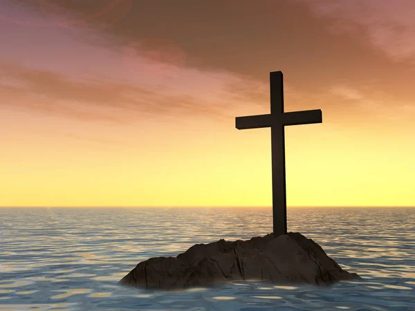 Konceptuální Temné Christian Kříž Stojící Skále Moři Nad Krásná Obloha — Stock fotografie