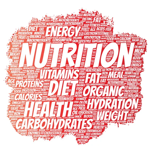 Nutrición conceptual salud dieta pincel palabra nube aislado fondo. Collage de carbohidratos, vitaminas, grasas, peso, energía, antioxidantes belleza mineral, concepto de medicina proteica —  Fotos de Stock