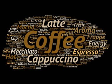 İzole sıcak kahve espresso soyut kelime bulutu