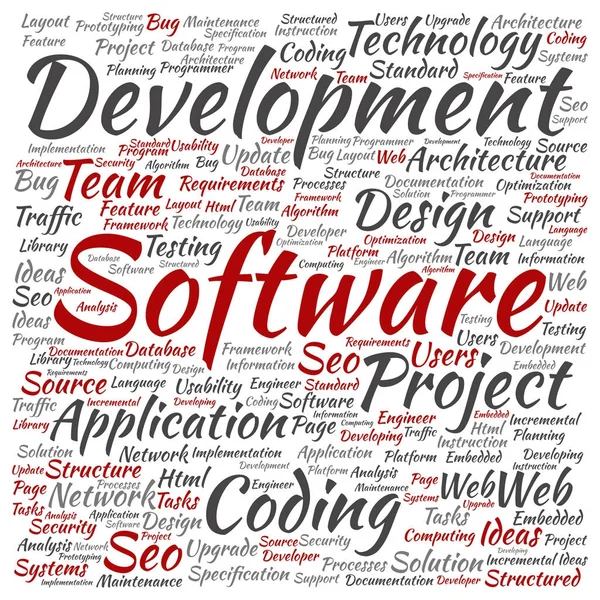 ソフトウェア開発プロジェクトのコーディングの技術の正方形の単語の雲 — ストックベクタ