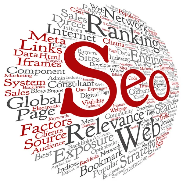 Search engine optimization, seo round word cloud — Stock Vector