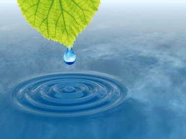 kavramsal çiğ damla--dan taze yaprak yeşil mavi berrak su dalgaları ile düşüyor 