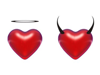 kavramsal kırmızı 3d kalp şeklinde melek ve şeytan beyaz arka plan üzerinde Sevgililer günü kavramı izole