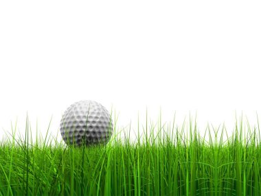 Beyaz arka plan üzerinde spor kavram izole ufuktan golf topu ile yeşil taze ot