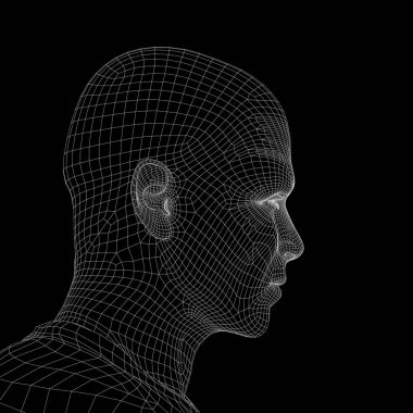 genç insan yüzü koyu arka plan üzerinde kavramsal 3d tel kafes 