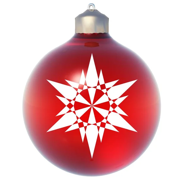 Alta resolução conceitual ornamento de Natal vermelho 3D com um floco de neve como uma estrela isolada em fundo branco, ideal para férias, religião e desenhos sazonais — Fotografia de Stock