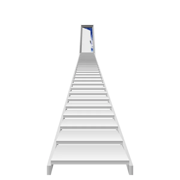 Concept or conceptual 3d stair,a opened door to paradise or success isolated on white background with a blue sky, for religion, business, way, entrance, freedom, opportunity, progress or goal — Stock Photo, Image