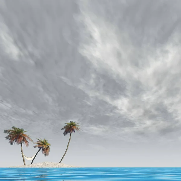 ヤシの木と青い空を背景に青い海の水でハンモックの概念の島 — ストック写真