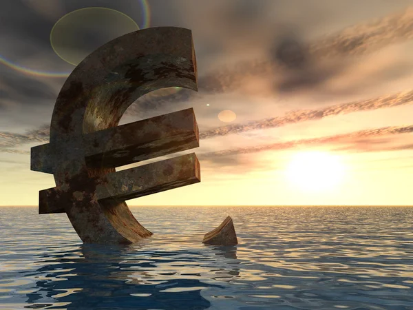 euro para birimi simgesi Okyanusu Avrupa kriz için günbatımı, kavram, batan 3D çizimi