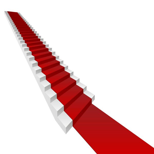 концептуальная 3D белая лестница и красная дорожка изолированы на белом фоне, бизнес-концепция
 