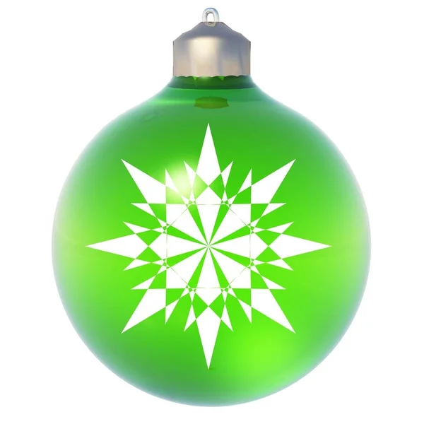 Hög upplösning konceptuell 3d grön julkula med en snöflinga som en stjärna som isolerad på vit bakgrund, idealisk för semester, religion och säsongsbetonade mönster — Stockfoto