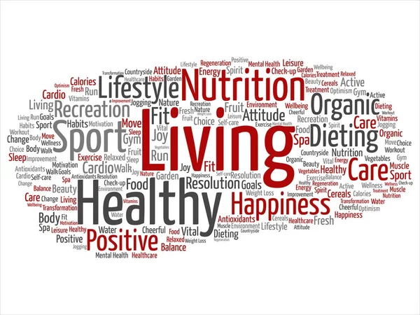 Viață sănătoasă nutriție pozitivă sau sport rotund cuvânt nor — Vector de stoc