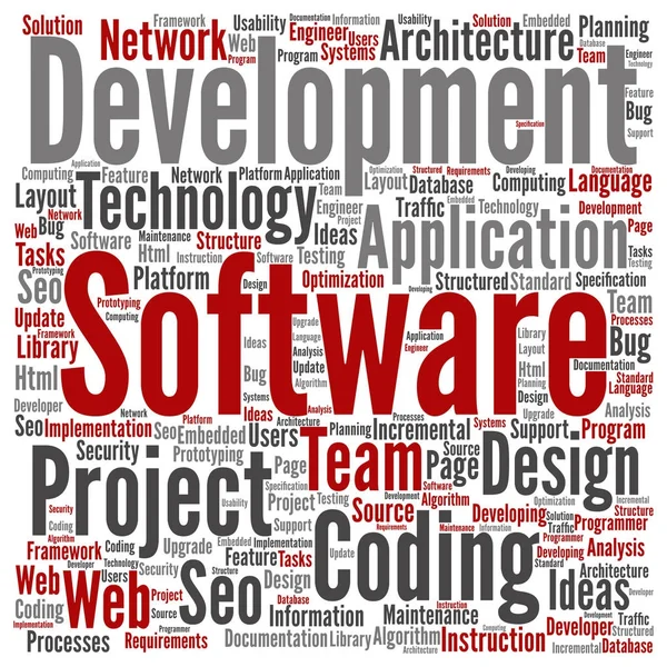 ソフトウェア開発プロジェクトのコーディングの技術の正方形の単語の雲 — ストックベクタ