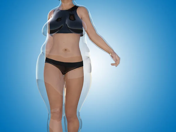 Koncepcyjne Tłuszczu Nadwagę Kobieta Otyłych Slim Fit Zdrowe Ciało Utrata — Zdjęcie stockowe