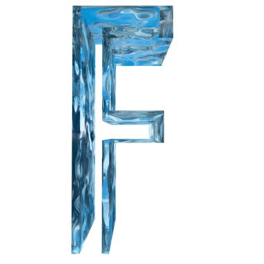 Kavramsal dekoratif mavi serin kristal donmuş sıvı harfi f, kış sezonu yazı tipi 