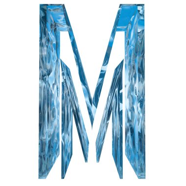 Kavramsal dekoratif mavi serin kristal donmuş sıvı mektup m, kış sezonu yazı tipi 