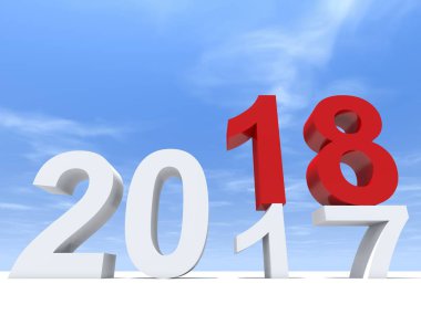 mutlu yeni yıl arifesinde beyaz kar ve gökyüzü arka plan, zaman kutlama sezon değiştirmek 2018 beyaz ve kırmızı sembolü  