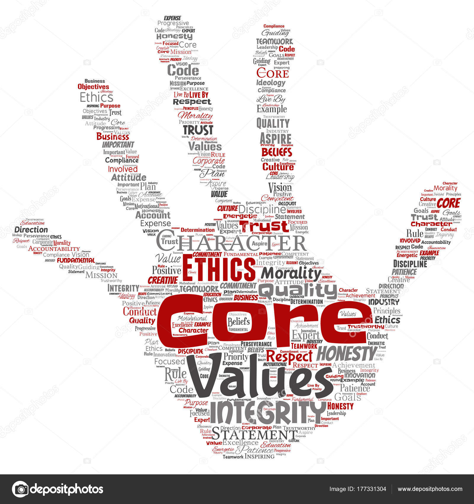 Conceptual Core Values Hand Print Stamp Word Cloud Vector Illustration