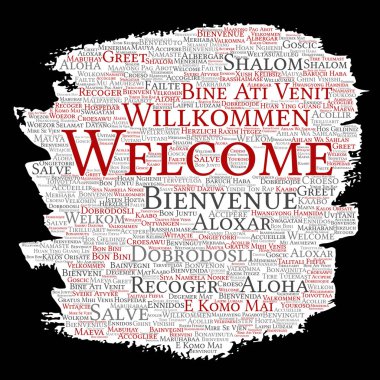 Kavramsal uluslararası selamlar boya fırça kelime bulutu, vektör, illüstrasyon 