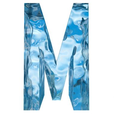 Kavramsal dekoratif mavi serin kristal donmuş sıvı mektup m, kış sezonu yazı tipi 