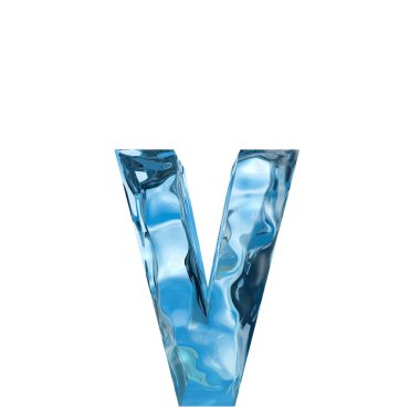 Conceptual decorative blue cool crystal of frozen liquid letter v, winter season font  clipart