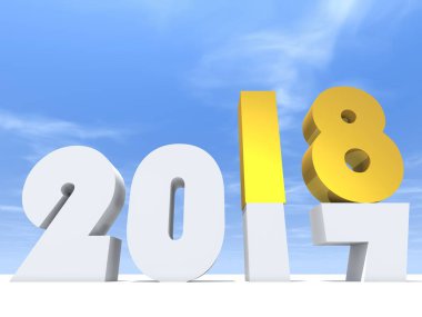 mutlu yeni yıl arifesinde beyaz kar ve gökyüzü arka plan 2018 beyaz ve sarı sembolü 