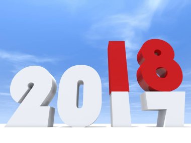 mutlu yeni yıl arifesinde beyaz kar ve gökyüzü arka plan, zaman kutlama sezon değiştirmek 2018 beyaz ve kırmızı sembolü  