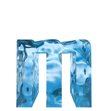 Kavramsal dekoratif mavi serin kristal donmuş sıvı mektup m, kış sezonu yazı tipi 